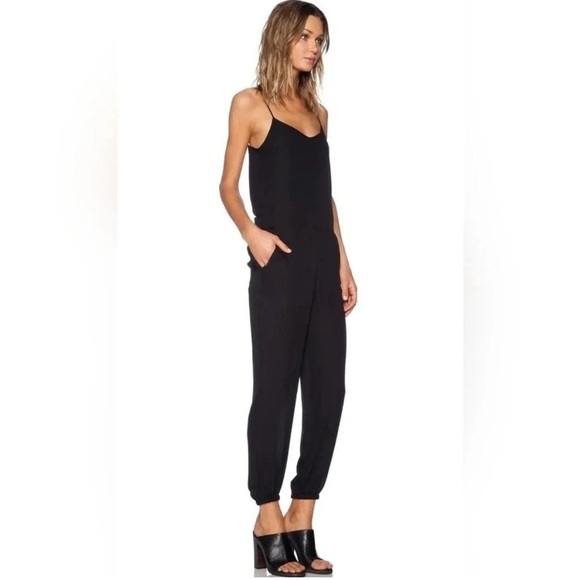 Theory 100% silk Black Jumpsuit jogger cuffs spaghetti straps front pockets sz 4 - Picture 1 of 11